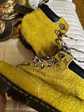 Dr. Martens Yellow Suede Lace-Up Ankle Boots with Black Sole Trim